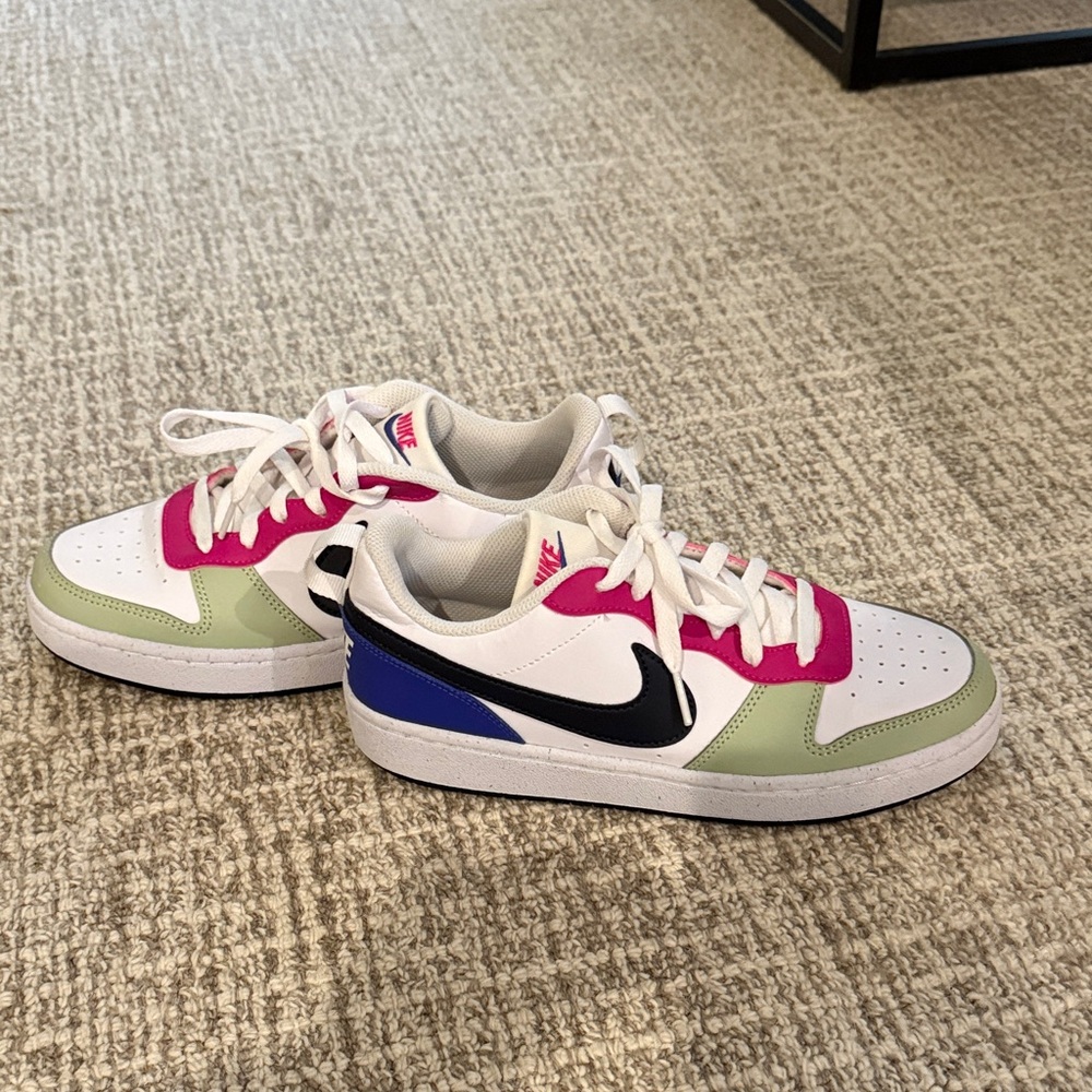 Nike White Sneakers with Pink, Green, and Blue Accents